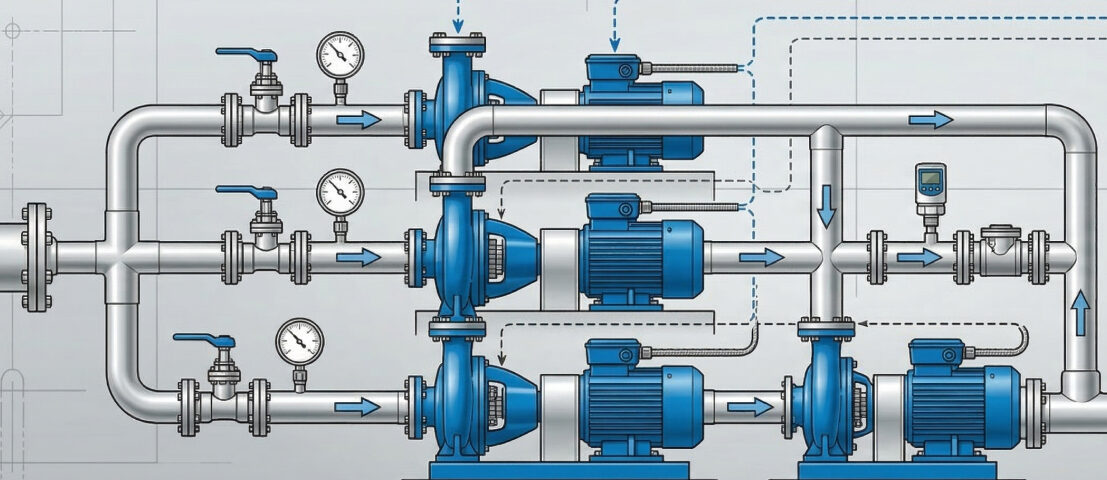 Каскадное управление 2–3 насосами по давлению