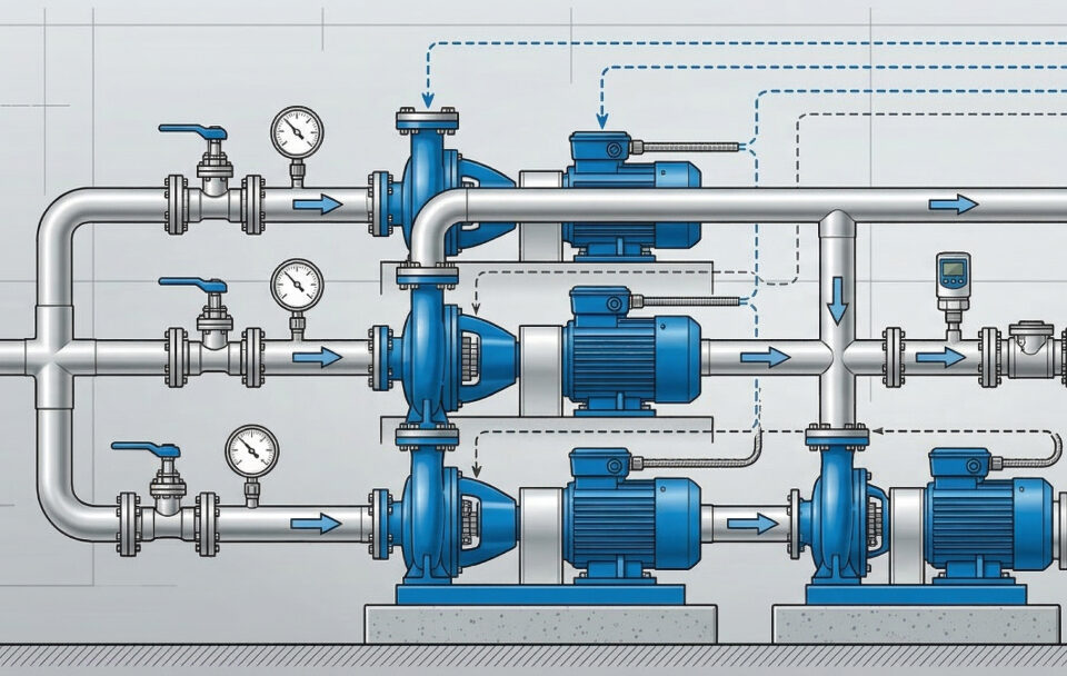 Каскадное управление 2–3 насосами по давлению